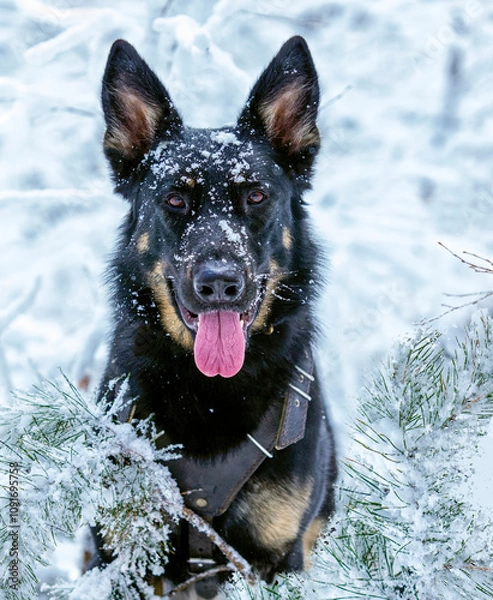 Obraz A dog, a German shepherd, plays in the forest in winter among the snow-covered spruces and trees. Portrait of a dog in the winter forest