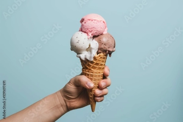 Obraz Sweet Summer Treat: A refreshing ice cream cone with three scoops, held in hand against a vibrant, captivating backdrop.