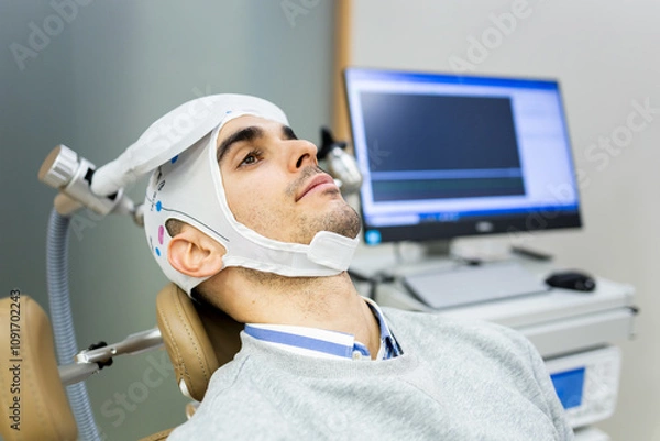 Fototapeta A man in his 30s or 40s undergoes transcranial magnetic stimulation therapy in a psychiatric clinic to control depression or anxiety.EMT concept.