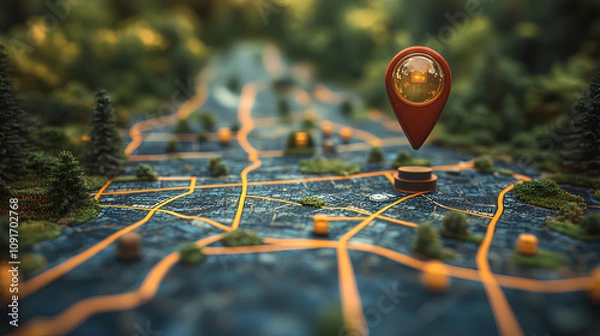 Fototapeta Dynamic GPS Navigation Map with Highlighted Routes