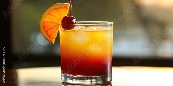 Fototapeta A simple tequila sunrise with layered orange and red hues, garnished with a cherry and orange slice