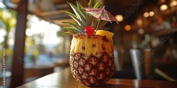 Fototapeta A tropical pina colada served in a hollowed-out pineapple, with a paper umbrella and a cherry on top