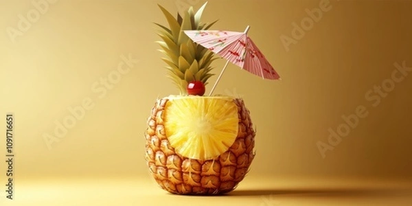 Fototapeta A tropical pina colada served in a hollowed-out pineapple, with a paper umbrella and a cherry on top