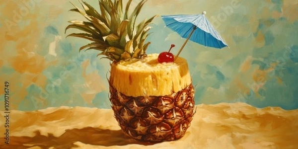 Fototapeta A tropical pina colada served in a hollowed-out pineapple, with a paper umbrella and a cherry on top
