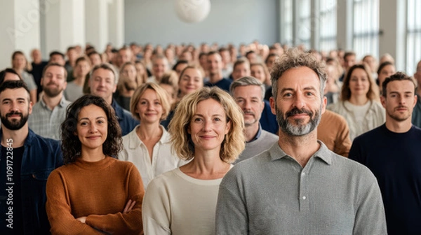 Fototapeta Large Diverse Group of People Gathered Together in a Modern Workspace, Showcasing Unity and Collaboration During a Professional Event at Daytime