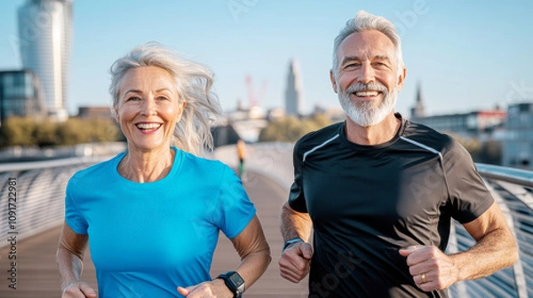Fototapeta Active Seniors Jog Together in the City, Showcasing Health and Vitality During a Sunny Day on a Modern Bridge