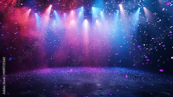Fototapeta Neon spotlight stage background. Disco party projector light concert or show scene. Magic beam glow for nightclub or award winner with confetti glitter. Congratulation performance for celebrity
