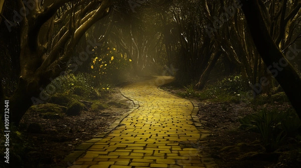 Obraz A decrepit and old yellow brick road winds through a dark and mysterious forest. Scary Wizard of Oz concept.