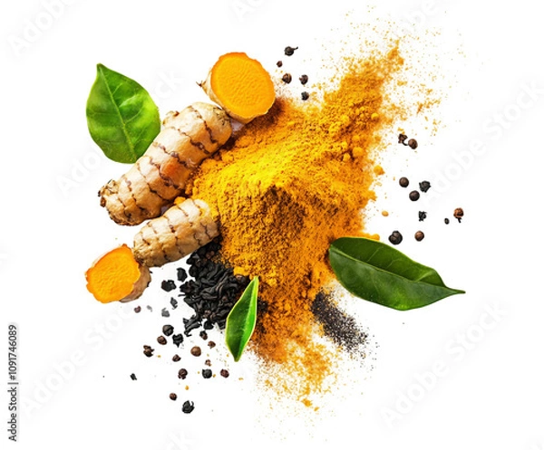 Fototapeta Explosion in mid air of orange turmeric powder isolated on a transparent background, PNG file