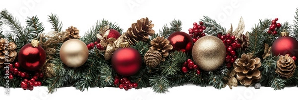 Fototapeta Christmas garland with red and gold ornaments pine isolated on a transparent background, PNG file