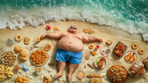 Fototapeta A fat man lies on the beach with food surrounding him.