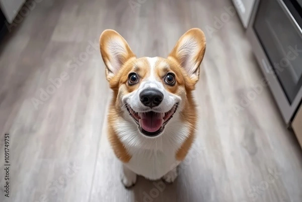 Fototapeta Smiling happy Corgi on a Kitchen Floor