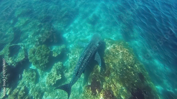 Fototapeta Galapagos Islands scuba diving with a school bus sized whale shark 