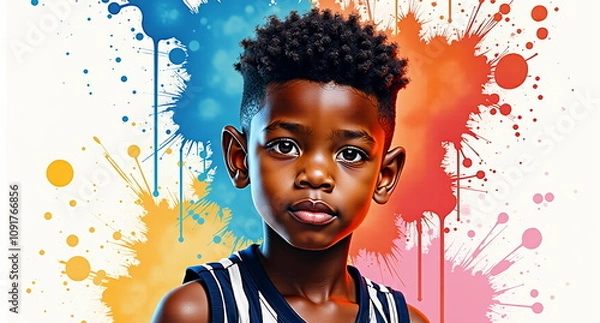 Fototapeta Child portrait with colorful paint splash background