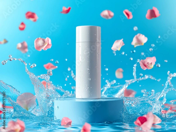 Obraz A white skin toner bottle on a bright blue background standing on the podium. Splashes of water and flower petals spreading around. Minimalistic photo style