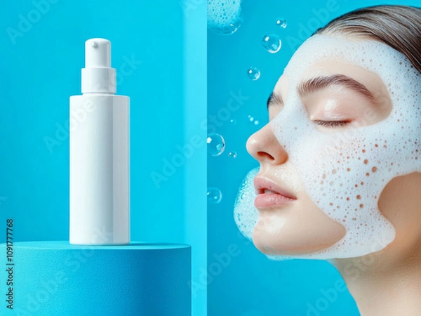 Obraz A white cosmetic bottle on a bright blue background stands on the podium. In the second half of the picture, a beautiful female face with foam bubbles. Minimalistic photo style