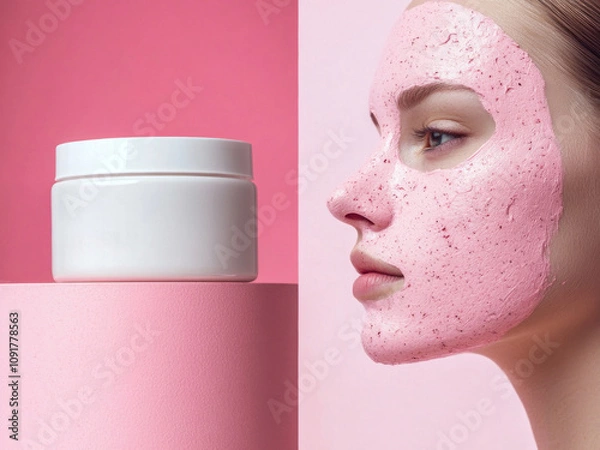 Obraz White cosmetic mask jar on bold pink background with a young woman's face in pink clay mask. Minimalistic photo style.