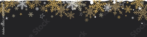 Fototapeta Beautiful golden falling snowflakes and stars banner