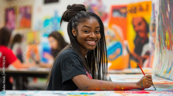 Fototapeta Smiling young artist painting in a colorful art classroom