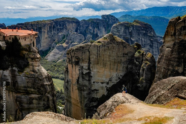 Obraz Meteora are cliffs of sandstone and clastic rock reaching 600 m above sea level in the mountains of Thessaly in northern Greece.