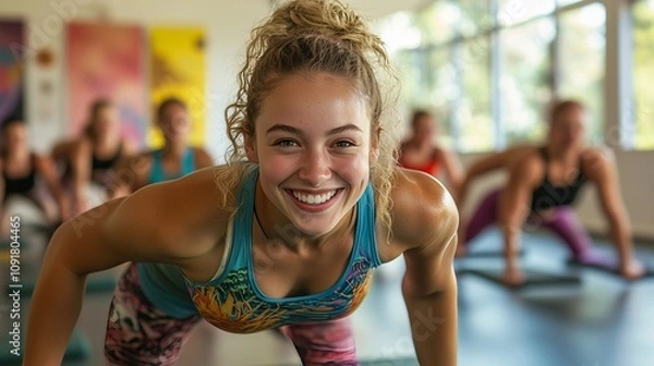 Fototapeta A young woman shines in a lively class, doing push-ups and embodying fitness and camaraderie.
