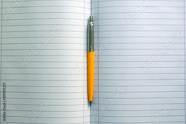 Fototapeta open notebook, with a pen on. selective focus. top view