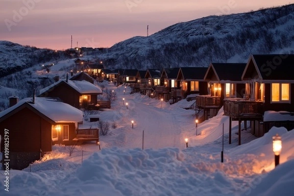 Fototapeta A charming snow-laden village glows under twilight on a hillside, with warm lights radiating from homes, creating a picturesque and inviting ambiance.
