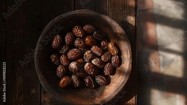 Fototapeta Dates in a wooden bowl on a dark surface. Ideal for food blogs, recipe books, or social media posts about healthy snacking.