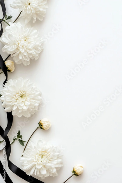 Obraz White chrysanthemums or daisies with black ribbon on white background. Template vertical funeral mourner symbol, for obituary, farewell services, condolences and funeral invitation with space for text