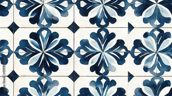 Obraz A blue and white tile pattern with flowers