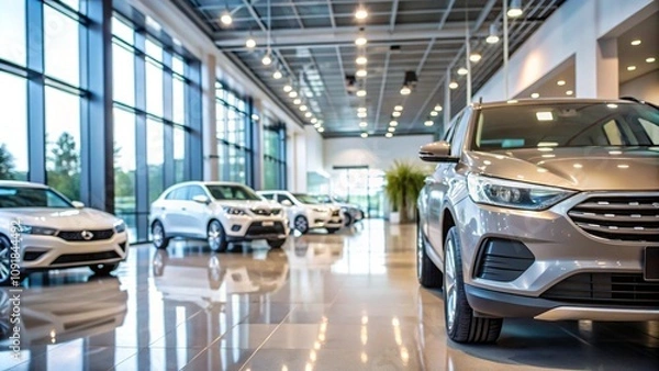Fototapeta Close-up of a new luxury car parked in a modern showroom, highlighting sleek design and the contemporary car dealership office setting, ideal for showcasing high-end vehicles for sale.