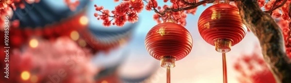 Fototapeta Spectacular Fireworks Exploding Over a Vibrant Chinese New Year Market A Stunning Display of Festive Decorations, Traditional Lanterns, and Bustling Crowds Celebrating the Year of the Year Capture