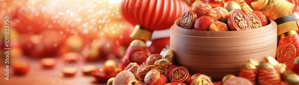 Fototapeta Vibrant Fireworks Exploding Over a Bustling Chinese New Year Market A Stunning Visual of Symbolic Decorations, Lanterns, Red Envelopes, and Traditional Trinkets, Capturing the Festive Atmosphere and