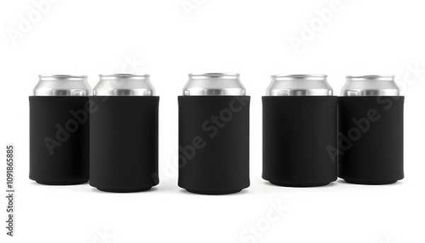 Fototapeta Blank black collapsible beer can koozie mockup isolated, 3d rendering. Empty neoprene cooler holder mock up for tin beverage. Plain drinkware hugger design template. Clear fizzy pop soda sleeve isol