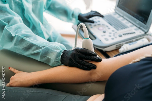Obraz Doctor performing ultrasound scan on patient's arm