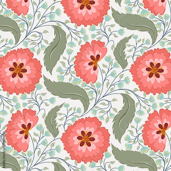 Obraz  Peach Autumn Winter Blooms with small blue flowers pattern