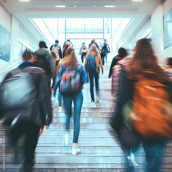 Fototapeta blurred shot of high school students walking up the stairs between classes in a busy school building, ai with a white accent, flat design, png