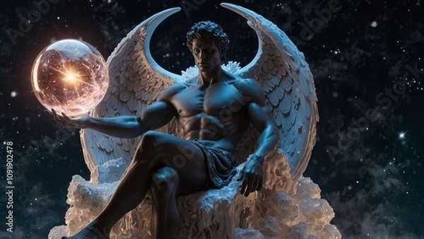 Fototapeta Hypnos, the Greek god of dreams, seated on an ice-sculpted Christmas chair, holding a glowing crystal ball