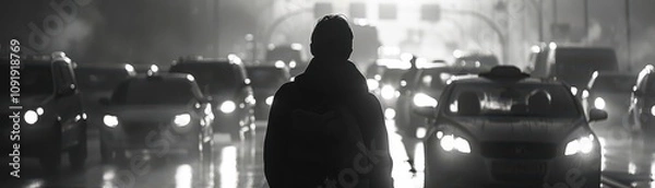 Fototapeta A city commuters silhouette against a background of rush hour traffic in monochrome