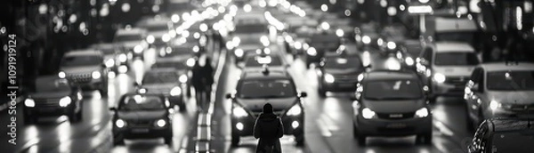 Fototapeta A city commuters silhouette against a background of rush hour traffic in monochrome