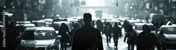 Fototapeta A city commuters silhouette against a background of rush hour traffic in monochrome