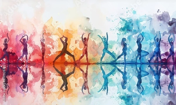 Fototapeta A series of yoga poses in silhouette, each against a backdrop of serene watercolor washes