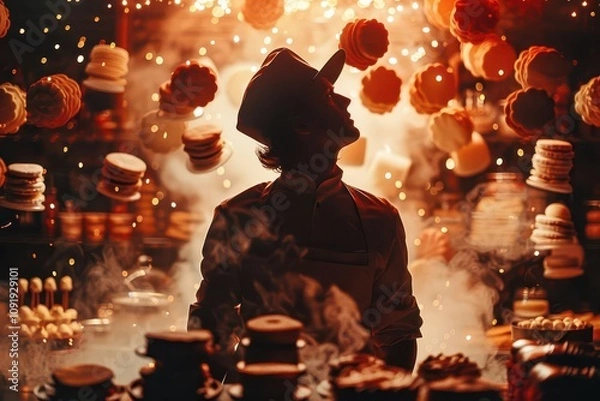 Fototapeta A silhouette of a baker in a kitchen, with a whimsical background of floating pastries and sweets