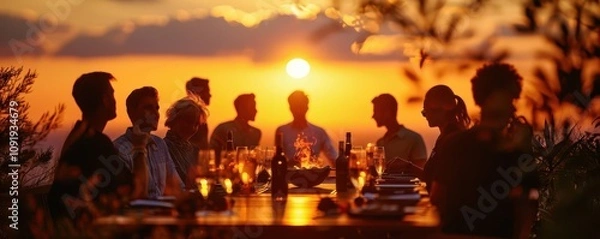 Fototapeta A silhouette of a group at a barbecue, with a background of a summer sunset