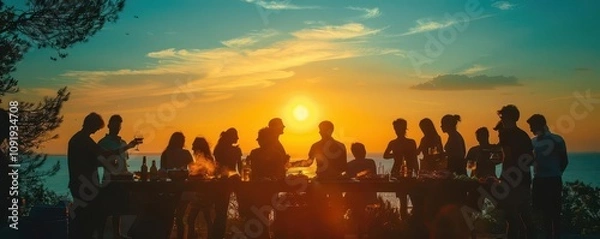 Fototapeta A silhouette of a group at a barbecue, with a background of a summer sunset