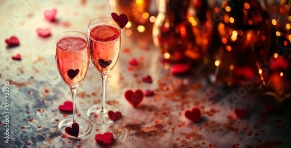 Fototapeta Festive pink cocktail with champagne or prosecco for Valentine's day. Decorated table for romantic dinner, date. Romance, love. Festive background with copy space for menu