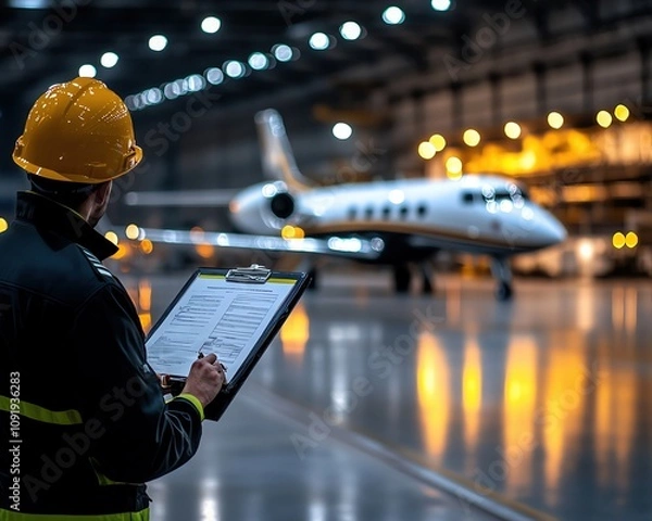 Fototapeta An aircraft technician inspects a private jet in a well-lit hangar, ensuring safety and readiness for flight operations.