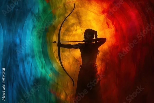 Fototapeta A silhouette of a person doing archery, with a background of a target in abstract colors