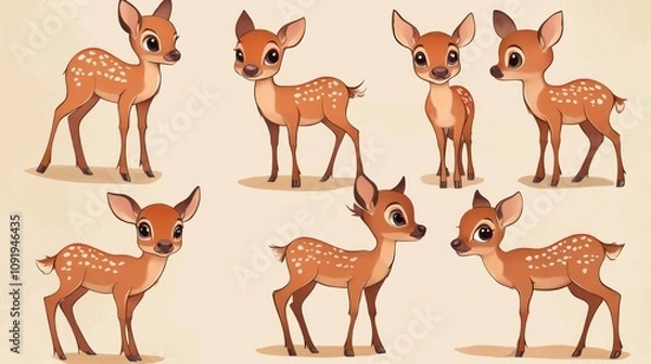 Fototapeta A collection of cute, cartoon-style deer illustrations in various poses.