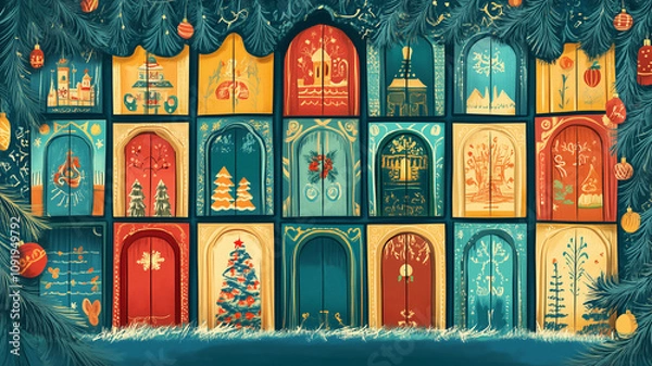 Fototapeta Whimsical Advent Calendar with Festive Illustrations